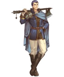  1boy amiba_(nerdamiba) axe bandaid belt blue_eyes blue_hair boots cape commentary_request fingerless_gloves fire_emblem fire_emblem:_genealogy_of_the_holy_war full_body gloves highres lex_(fire_emblem) male_focus solo transparent_background 