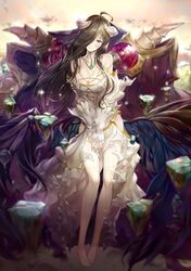  ainz_ooal_gown albedo_(overlord) barefoot blush breasts brown_hair choker cleavage commentary_request dress female floating_hair full_body gloves hair_over_one_eye head_tilt highres horns large_breasts long_dress long_hair looking_at_viewer overlord_(maruyama) own_hands_together ruba_(akiraoe_84) sleeveless sleeveless_dress smile solo standing torn_clothes torn_dress very_long_hair white_dress white_gloves yellow_eyes 