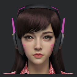  3d brown_eyes brown_hair collared_shirt commentary cruiser_d.va d.va_(overwatch) english_commentary euginnx eyelashes facial_mark female grey_background headphones highres lips long_hair looking_at_viewer md5_mismatch nose overwatch overwatch_1 photoshop_(medium) plaid plaid_shirt portrait realistic shirt simple_background solo whisker_markings 