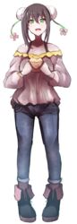  :d absurdres alternate_costume bad_id bad_pixiv_id baozi black_footwear black_hair blue_pants blush boots breasts brown_shirt bun_cover collarbone denim double_bun fate/grand_order fate_(series) female flower food full_body green_eyes green_ribbons hair_between_eyes hair_bun hair_ribbon highres holding holding_food jeans long_sleeves looking_at_viewer medium_breasts off-shoulder_shirt off_shoulder open_mouth pants pigeon-toed pink_flower puffy_long_sleeves puffy_sleeves qin_liangyu_(fate) ribbon shirt sidelocks simple_background smile solo standing wada_kazu white_background 