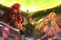  1boy 3girls animal_ears aura blonde_hair blue_eyes brown_hair cape commentary dress english_commentary feathered_wings filo_(tate_no_yuusha_no_nariagari) hair_ribbon high_collar holding holding_sword holding_weapon iwatani_naofumi jimbobox juliet_sleeves long_hair long_sleeves looking_at_viewer magic melty_q_melromarc multiple_girls open_mouth parted_bangs puffy_sleeves purple_eyes raccoon_ears raccoon_girl raphtalia red_eyes ribbon sidelocks sword tate_no_yuusha_no_nariagari twintails very_long_hair weapon white_dress white_wings wings 