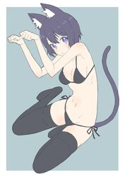  absurdres animal_ears animare bad_id bad_twitter_id bikini black_bikini black_hair black_thighhighs blue_background blush cat_ears donguri_suzume female groin hair_between_eyes highres kuroneko_nanashi looking_at_viewer midriff nanashi_inc. navel parted_lips paw_pose purple_eyes ribs short_hair simple_background solo swimsuit tail thighhighs virtual_youtuber 