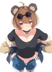  :3 ahoge animal_ears bad_id bad_pixiv_id bear_ears black_choker black_shirt blue_jacket blush bow bow_panties breasts brown_hair choker cleavage closed_mouth collarbone commentary cowboy_shot crop_top denim denim_shorts eyewear_on_head female from_above fur_trim garter_straps girls&#039;_frontline grizzly_mkv_(girls&#039;_frontline) grizzly_mkv_(teddy_transform!)_(girls&#039;_frontline) hands_on_own_hips jacket looking_at_viewer off_shoulder official_alternate_costume open_clothes open_fly open_jacket panties purple_eyes shirt short_hair short_shorts short_sleeves shorts simple_background smile solo standing sunglasses underwear unimon_e white_background white_panties 