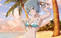  bangs bare_shoulders barefoot bikini bikini_skirt blush breasts cleavage collarbone dungeon_ni_deai_wo_motomeru_no_wa_machigatteiru_darou_ka eyebrows_visible_through_hair feet female full_body grey_hair hair_ornament hands_on_own_chest looking_at_viewer medium_breasts navel official_art open_mouth partially_submerged short_hair sitting smile solo sparkle swimsuit syr_flover water 