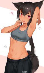  ? animal_ears arm_up armpits bad_id bad_twitter_id black_hair black_pants blush breasts commentary dark-skinned_female dark_skin female flying_sweatdrops grey_sports_bra groin hair_between_eyes highres long_hair looking_at_viewer mathew_(srmmk_mce) medium_breasts midriff mole mole_under_eye navel oerba_yun_fang open_mouth original pants presenting_armpit red_eyes simple_background solo sports_bra sportswear sweat tail very_long_hair 