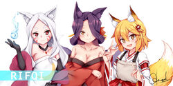  3girls animal_ear_fluff animal_ears apron black_gloves blonde_hair blue_fire blush breasts brown_apron brown_eyes chrisandita cleavage commentary commission double_fox_shadow_puppet dress elbow_gloves english_commentary facial_mark fire flower forehead fox_ears fox_girl fox_shadow_puppet fox_tail gloves hair_between_eyes hair_flower hair_ornament hand_up hitodama japanese_clothes kimono large_breasts long_hair long_sleeves miko multiple_girls off_shoulder parted_bangs purple_hair red_eyes red_flower red_kimono ribbon-trimmed_sleeves ribbon_trim senko_(sewayaki_kitsune_no_senko-san) sewayaki_kitsune_no_senko-san shiro_(sewayaki_kitsune_no_senko-san) short_eyebrows signature simple_background sora_(sewayaki_kitsune_no_senko-san) strapless strapless_dress tail thick_eyebrows white_background white_dress white_hair white_kimono wide_sleeves 