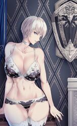  bad_id bad_twitter_id bare_shoulders bra breasts choker commentary female grey_eyes highres indoors lace large_breasts limeblock navel original panties shield short_hair silver_hair solo thighhighs underwear 