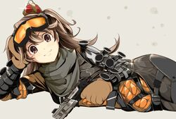  apex_legends black_scarf bodysuit brown_gloves brown_hair closed_mouth commentary cosplay cowboy_shot crown female gloves goggles gun handgun holding holding_gun holding_weapon kichihachi long_hair looking_at_viewer lying mirage_(apex_legends) mirage_(apex_legends)_(cosplay) oerba_yun_fang on_side purple_eyes re-45_auto re:act scarf shishigami_leona simple_background skin_fang solo two_side_up virtual_youtuber weapon 