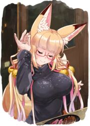  amino_dopple animal_ear_fluff animal_ears bad_id bad_pixiv_id bell black_sweater blonde_hair blush breasts closed_eyes closed_mouth commentary covered_nipples failure female food fox_ears fox_girl fox_tail glasses hand_up head_tilt honami_mikura_(amino_dopple) impossible_clothes impossible_shirt inconvenient_breasts indoors jingle_bell large_breasts long_hair long_sleeves low_twintails meme nose_blush original red-framed_eyewear salt salt_bae_(meme) semi-rimless_eyewear shirt short_eyebrows smile solo sweater tail thick_eyebrows turtleneck turtleneck_sweater twintails under-rim_eyewear upper_body 