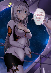  1boy ahoge battlesuit blue_eyes blush bodysuit breasts cecilia_schariac chains cleavage cleavage_cutout clothing_cutout commentary cosplay cuffs english_commentary english_text female grey_hair hair_between_eyes hair_ornament hairband highres holding holding_sex_toy honkai_(series) honkai_impact_3rd interior kiana_kaslana kiana_kaslana_(white_comet) kiana_kaslana_(white_comet)_(cosplay) large_breasts long_hair medium_breasts open_mouth own_hands_together sex_toy shackles sheita sidelocks surprised sweatdrop tail very_long_hair wide-eyed 