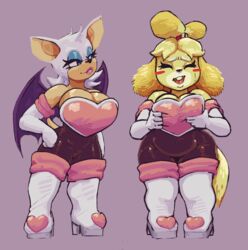  2019 animal_crossing anthro armor armwear bare_shoulders bat big_breasts black_bodysuit black_clothing black_skinsuit blonde_hair blue_eyes blue_eyeshadow blush blush_stickers bodily_fluids bodysuit boots breastplate breasts canid canine canis cleavage cleavage_overflow clothed clothed_anthro clothed_female clothing cosplay crossover crossover_cosplay domestic_dog duo elbow_gloves eyeshadow female female_anthro footwear front_view full-length_portrait fur gloves hair hand_on_hip handwear heart_symbol high_heeled_boots high_heels holding_breast isabelle_(animal_crossing) latchk3y legwear lipstick looking_at_another makeup mammal membrane_(anatomy) membranous_wings nintendo open_mouth pink_breastplate pink_lipstick portrait purple_wings rouge_the_bat sega shih_tzu simple_background skinsuit slightly_chubby smile sonic_the_hedgehog_(series) standing sweat sweatdrop tail thigh_boots thigh_highs tight_clothing tongue toy_dog white_boots white_clothing white_ears white_footwear white_gloves white_hair white_handwear wings yellow_body yellow_fur yellow_tail 