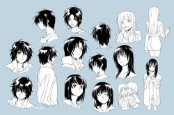  2boys 3girls :d ^_^ black_hair blue_background blunt_bangs cheek-to-cheek closed_eyes commentary_request cropped_jacket greyscale_with_colored_background hazama_shouko heads_together hug jacket long_hair long_sleeves looking_at_viewer machi_fuka makabe_kazuki masaoka_ryou medium_hair minashiro_tsubaki monochrome multiple_boys multiple_girls multiple_views open_mouth oversized_clothes short_hair signature simple_background skirt sleeves_past_wrists smile soukyuu_no_fafner tatekami_seri uniform upper_body 