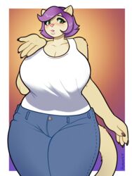  anthro big_breasts breasts clothed clothing curvy_figure felid feline female fur hair hi_res looking_at_viewer mammal porin simple_background solo standing voluptuous 