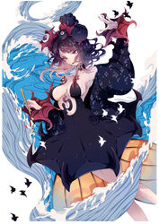  absurdres bangs bare_shoulders black_dress blue_eyes blush breasts cleavage collarbone commentary detached_sleeves dress eyeshadow fate/grand_order fate_(series) female fine_art_parody flower hair_flower hair_ornament hand_up head_tilt highres katsushika_hokusai_(fate/grand_order) looking_at_viewer makeup medium_breasts misshao_00 nail_polish nihonga octopus open_mouth parody puffy_sleeves purple_eyes purple_hair red_nails short_hair smile solo splashing strapless strapless_dress tsurime waves 