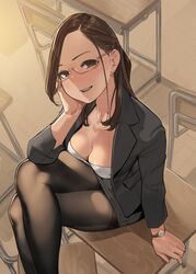  :d arm_support black_jacket black_skirt blush breasts brown_eyes brown_hair chair classroom cleavage collarbone commentary_request crossed_legs desk earrings female fine_fabric_emphasis forehead formal from_above glasses hair_ornament hand_on_own_cheek hand_on_own_face head_tilt highres jacket jewelry long_hair looking_at_viewer medium_breasts miru_tights okuzumi_yuiko on_desk open_clothes open_jacket open_mouth pantyhose pencil_skirt semi-rimless_eyewear shirt sitting skirt skirt_suit smile solo suit teacher thighs watch white_shirt wristwatch yellow-framed_eyewear yomu_(sgt_epper) 