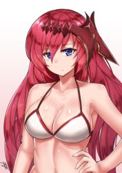  armpits bare_arms bare_shoulders bikini blue_eyes blush breasts brown_background cleavage closed_mouth collarbone commentary_request female godsworn_alexiel gradient_background granblue_fantasy hair_between_eyes hand_on_own_hip head_tilt headpiece long_hair looking_at_viewer medium_breasts navel red_hair rumiya9i signature solo swimsuit upper_body very_long_hair white_background white_bikini 