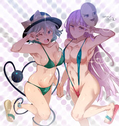  2girls ;d armpits asymmetrical_docking bikini blue_slingshot_swimsuit breast_press breasts cleavage commentary_request expressionless green_bikini green_eyes grey_hair hair_between_eyes hat hata_no_kokoro highres holding_hands interlocked_fingers komeiji_koishi leg_up long_hair looking_at_viewer mask mask_on_head multiple_girls navel nyuu_(manekin-eko) one_eye_closed open_mouth purple_eyes purple_hair sandals short_hair simple_background slingshot_swimsuit smile sweat swimsuit teeth touhou v very_long_hair yukkuri_shiteitte_ne 