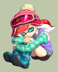  absurdres aqua_eyes aqua_shirt artist_name bike_shorts boots camouflage camouflage_footwear commentary_request female freckles full_body goggles goggles_on_headwear hat highres inkling inkling_girl inkling_player_character knee_boots long_hair long_sleeves looking_at_viewer otoboke-san pink_hat plaid plaid_shirt purple_vest red_hair shirt single_vertical_stripe sitting smile snow_boots solo splatoon_(series) splatoon_2 suction_cups tentacle_hair vest 