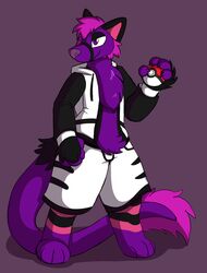  absurd_res anthro barefoot biped bottomwear clothed clothing crisstail feet felid feline fur grinwald hi_res holding_object holding_pokeball hoodie hybrid lion-panther male mammal nintendo pants pokeball pokemon pokemon_trainer purple_body purple_fur solo standard_pokeball topwear 