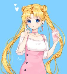  amick_(americanomix) bad_id bad_pixiv_id bishoujo_senshi_sailor_moon blonde_hair blue_background blue_eyes blush choker collarbone cup disposable_cup double_bun drinking_straw earrings female frilled_shirt frills hair_bun hands_up heart holding holding_cup jewelry long_hair looking_at_viewer parted_bangs parted_lips pink_choker shirt short_sleeves sidelocks smoothie solo tsukino_usagi twintails upper_body very_long_hair white_shirt 