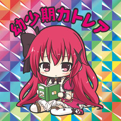  bikkuriman_(style) black_bow blush book bow cattleya_(flower_knight_girl) character_name chibi closed_mouth commentary_request female flower_knight_girl full_body hair_between_eyes hair_ornament hairbow holding holding_book long_hair open_book parody photoshop_(medium) pleated_skirt puffy_short_sleeves puffy_sleeves purple_footwear red_eyes red_hair ri-net shoes short_sleeves sitting skirt solo thighhighs very_long_hair wariza white_skirt white_thighhighs x_hair_ornament 