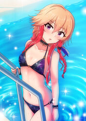  bikini blush bracelet breasts brown_hair cleavage collar collarbone commentary_request female hair_between_eyes idolmaster idolmaster_cinderella_girls jewelry long_hair looking_at_viewer momoda_yasuhito multicolored_hair ninomiya_asuka o-ring o-ring_bikini outdoors pool purple_bikini purple_eyes red_hair small_breasts solo sparkle standing swimsuit two-tone_hair 