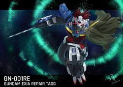  armor black_body black_scales dinosaur extinct feathers gundam hi_res male mecha_musuko melee_weapon prehistoric_species red_body red_feathers red_scales reptile scales scalie solo tagg weapon zetaxen 