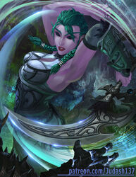  armor ass bare_shoulders breasts censored collar dress elf female green_hair heroes_of_the_storm highres jewelry judash137 long_hair looking_at_viewer medium_breasts open_mouth paid_reward patreon_reward pointy_ears purple_skin solo tyrande_whisperwind warcraft weapon white_ world_of_warcraft 