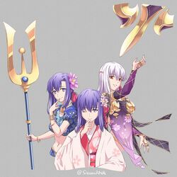  3girls adapted_weapon bare_shoulders breasts chinese_commentary commentary_request detached_sleeves dress earrings fate/grand_order fate/stay_night fate_(series) flower hair_flower hair_ornament hair_ribbon highres holding holding_polearm holding_weapon indian_clothes jewelry kama_(fate) kama_(second_ascension)_(fate) kasuga_no_tsubone_(fate) large_breasts long_hair looking_at_viewer lotus matou_sakura multiple_girls necklace parvati_(fate) petals pink_ribbon polearm purple_dress purple_eyes purple_hair purple_sleeves red_eyes red_ribbon ribbon ring rna_(angel-smelter) simple_background sleeveless sleeveless_dress smile trishula_shakti_(fate) weapon white_hair 