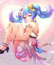  39 ahoge ai_kotoba_iii_(vocaloid) ankle_ribbon black_footwear blue_bow blue_eyes blue_hair blue_nails blue_ribbon bow choker commentary_request earrings female floating_hair flower frilled_skirt frills full_body hair_between_eyes hair_flower hair_ornament hairbow hatsune_miku heart_ribbon high_heels highres jewelry leg_ribbon long_hair mikmix miniskirt multicolored_hair multicolored_nails nail_polish photoshop_(medium) pink_background pink_flower pleated_skirt pumps purple_hair red_nails red_ribbon ribbon rose shirt skirt sleeveless sleeveless_shirt smile solo twitter_username two-tone_hair vocaloid white_bow white_shirt white_skirt yellow_bow yellow_flower 