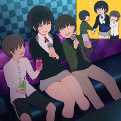  2boys :d age_difference black_hair boy_sandwich cellphone closed_eyes commentary_request cup drinking_glass faceless faceless_male female highres jacket karaoke kemuri_haku microphone multiple_boys onee-shota open_mouth original phone pleated_skirt sandwiched school_uniform short_hair sitting skirt smartphone smile straight thighs 