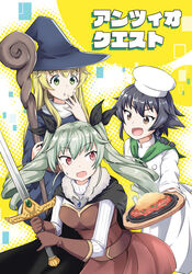  3girls :d :o anchovy_(girls_und_panzer) apron black_cape black_dress black_ribbon brown_dress brown_gloves cape carpaccio_(girls_und_panzer) chef chef_hat commentary_request cover cover_page doujin_cover dress drill_hair food frown frying_pan girls_und_panzer gloves green_hair hair_ribbon hand_to_own_mouth hat holding holding_staff holding_sword holding_tray holding_weapon katakori_sugita long_hair long_sleeves looking_at_another looking_back medium_dress multiple_girls open_mouth parted_lips pasta pepperoni_(girls_und_panzer) red_eyes ribbed_shirt ribbon shirt smile staff standing sweatdrop sword translated tray turtleneck twin_drills twintails v-shaped_eyebrows waist_apron weapon white_apron white_headwear white_shirt witch witch_hat 