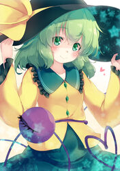  beige_background black_hat blush collarbone commentary_request female floral_print frilled_shirt_collar frilled_sleeves frills gengetsu_chihiro gradient_background green_eyes green_hair green_skirt hair_between_eyes hands_on_headwear hands_up hat hat_ribbon head_tilt heart heart_of_string koishi_day komeiji_koishi long_sleeves looking_at_viewer photoshop_(medium) ribbon shirt short_hair skirt smile solo star_(symbol) third_eye touhou upper_body white_background wide_sleeves yellow_ribbon yellow_shirt 