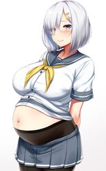  absurdres arms_behind_back blue_eyes blush breasts collarbone commentary_request female grey_hair grey_skirt hair_ornament hair_over_one_eye hairclip hamakaze_(kancolle) highres kantai_collection kusahagane large_breasts looking_at_viewer midriff navel pantyhose pleated_skirt pregnant sailor_collar school_uniform serafuku short_hair short_sleeves simple_background skirt smile solo standing upper_body white_background 