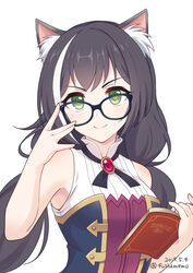  animal_ear_fluff animal_ears bad_id bad_pixiv_id bare_arms bare_shoulders black-framed_eyewear black_hair black_neckwear blush book breasts cat_ears cat_girl closed_mouth commentary_request dated female fuusha glasses green_eyes hand_up holding holding_book karyl_(princess_connect!) long_hair looking_at_viewer low_twintails medium_breasts multicolored_hair open_book princess_connect! simple_background sleeveless smile solo split_mouth streaked_hair twintails twitter_username upper_body v-shaped_eyebrows white_background white_hair 