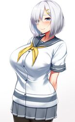  absurdres arms_behind_back blue_eyes blush breasts collarbone commentary_request female grey_hair grey_skirt hair_ornament hair_over_one_eye hairclip hamakaze_(kancolle) highres kantai_collection kusahagane large_breasts looking_at_viewer pantyhose pleated_skirt sailor_collar school_uniform serafuku short_hair short_sleeves simple_background skirt smile solo standing upper_body white_background 