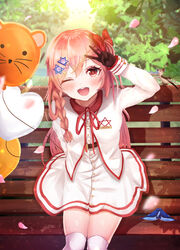  ;d aged_down alternate_costume animal_balloon bad_id bad_pixiv_id balloon bench blush bow braid breasts character_name circle_skirt commentary_request day dress female girls&#039;_frontline gloves hair_between_eyes hair_ornament hair_ribbon hairbow hairclip heads_together heart_balloon hexagram highres jacket legs_together light_particles long_hair looking_at_viewer necoring862 negev_(girls&#039;_frontline) negev_(little_drifter)_(girls&#039;_frontline) one_eye_closed one_side_up open_mouth outdoors over-kneehighs petals pink_hair red_bow red_eyes ribbon side_braid sidelocks sitting sleeve_cuffs smile solo star_of_david thighhighs v white_dress white_jacket white_thighhighs 