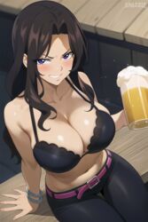  1girls ai_generated alcohol arm_support bare_shoulders beer beer_mug belt black_bra black_pants blush bra bracelet breasts brown_hair cana_alberona cleavage collarbone drink drinking_glass drunk fairy_tail foam holding holding_cup jewelry lace-trimmed_bra large_breasts long_hair looking_at_viewer mug navel pants purple_eyes sitting smile smirk snazzdaz snazzle solo solo_focus stable_diffusion teeth watermark wavy_hair 