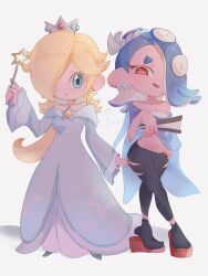  :d :o black_pants black_socks blonde_hair blue_dress blue_eyes blue_hair blue_shoes breasts brooch cephalopod_eyes chest_sarashi commentary_request crown dress earrings eyelashes full_body hair_over_one_eye hairstyle_connection hand_fan hand_on_own_hip highres holding holding_fan holding_wand jewelry long_hair long_sleeves looking_at_viewer mario_(series) medium_breasts merute_spla multiple_earrings navel octoling off-shoulder_dress off_shoulder okobo open_mouth pants platform_sandals purple_nails red_eyes rosalina sandals sarashi shiver_(splatoon) shoes smile socks splatoon_(series) star_(symbol) star_brooch star_earrings tentacle_hair torn_clothes torn_pants twitter_username wand white_background 
