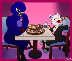  alcohol anthro avian beak bedroom_eyes beverage biped bird black_beak black_body black_fur black_nose black_tail blue_body blue_ears blue_feathers carefree chair chest_tuft closed_eyes cynthia_(cynthiadabirb) cynthiadabirb date dinner domestic_cat duo eating eyeshadow feathers feet felid feline felis female female_anthro food fur furniture happy hi_res hyacinth_macaw joyful larger_female macaw makeup male male_anthro mammal milk narrowed_eyes neotropical_parrot parrot pixelblep seductive short shrimp_(food) sitting size_difference smaller_male table tail tall talons toes true_parrot tucker_(cynthiadabirb) tuft tuxedo_cat white_body white_fur white_paws wine 