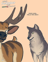  2023 antlers black_body black_fur black_nose brown_body brown_fur canid canine canis deer digital_media_(artwork) duo english_text feral fur greeting grey_body grey_fur hi_res horn lizardlars looking_at_another looking_at_butt male mammal multicolored_body multicolored_fur pink_inner_ear quadruped simple_background spitey tan_background tan_body tan_fur text two_tone_body two_tone_fur wide_eyed wolf yellow_eyes 