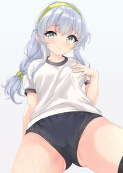  ass_visible_through_thighs ayamiyuki blue_buruma blush braid breasts buruma embarrassed female green_hairband grey_hair gym_shirt gym_uniform hair_ribbon hairband hand_on_own_chest kantai_collection long_hair ribbon shirt short_sleeves single_braid small_breasts solo wavy_hair white_shirt yamagumo_(kancolle) 