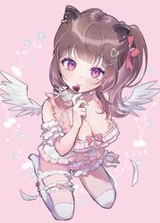  animal_ear_piercing babydoll blunt_bangs blush bow breasts brown_hair candy capybara_ears cleavage closed_mouth commentary_request earrings feathered_wings feathers female flower food frilled_babydoll frilled_shorts frills full_body hair_ornament hairclip heart heart-shaped_lollipop heart_hair_ornament high_side_ponytail highres holding holding_candy holding_food holding_lollipop jewelry kuzuhana large_breasts lollipop long_hair looking_at_viewer medium_bangs nanashi_inc. pink_background pink_bow pink_eyes pink_shorts seiza shaped_lollipop shorts sidelocks sitting smile solo stud_earrings thigh_strap thighhighs virtual_youtuber white_babydoll white_thighhighs white_wings wings yunohara_izumi 