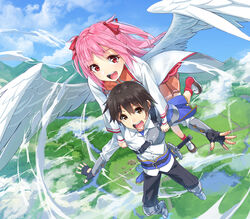  1boy :d angel armored_boots black_hair black_pants boots brown_eyes carrying carrying_person cover_image feathered_wings female fingerless_gloves gloves long_hair long_sleeves minamijuuji_sei official_art open_mouth orange_skirt outdoors pants pink_hair red_eyes short_hair skirt sky smile sword teeth upper_teeth_only virgo_(yasei_no_last_boss) weapon white_wings wings yahako yasei_no_last_boss_ga_arawareta 