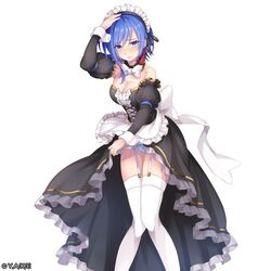  alternate_costume apron bare_shoulders black_dress black_thighhighs blue_eyes blue_hair blue_panties breasts dress female frills hand_on_own_head looking_at_viewer maid_headdress medium_breasts official_art panties sakuya_sieglinde seiken_gakuin_no_maken_tsukai short_hair standing thighhighs underwear white_apron 