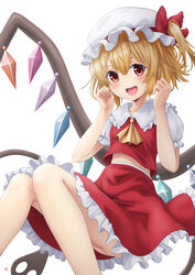  :d absurdres ascot ass bare_legs blonde_hair blush bow breasts commentary_request crystal eyebrows_hidden_by_hair feet_out_of_frame female flandre_scarlet frilled_shirt_collar frills hands_up happy hat hat_bow highres knees_together_feet_apart laevatein_(touhou) midriff mob_cap nao_suke one_side_up open_mouth petticoat puffy_short_sleeves puffy_sleeves red_bow red_eyes red_skirt red_vest short_hair short_sleeves simple_background skirt skirt_set small_breasts smile solo teeth touhou upper_teeth_only vest white_background white_hat wings yellow_ascot 