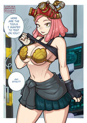  armor bikini_armor black_gloves black_tank_top boku_no_hero_academia breasts clothes_lift commentary_request crosshair_pupils english_commentary english_text female fingerless_gloves gloves goggles goggles_on_head green_skirt hatsume_mei large_breasts medium_hair mixed-language_commentary navel pink_hair pleated_skirt redjet shirt_lift skirt solo speech_bubble tank_top yellow_eyes 