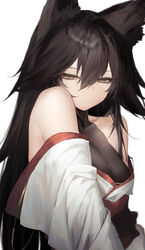  absurdres animal_ears bare_shoulders black_hair breasts brown_eyes closed_mouth commentary detached_sleeves eyeshadow female hair_between_eyes highres japanese_clothes long_hair looking_at_viewer makeup medium_breasts original ozeu0916 red_eyeshadow simple_background solo upper_body very_long_hair white_background 