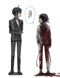  2boys :d black_footwear black_jacket black_pants blood blood_on_clothes blood_on_face buttons danganronpa_(series) danganronpa_v3:_killing_harmony double-breasted excessive_blood eye_contact grey_background grey_jacket grey_pants hand_in_pocket highres jacket kasou_(roomno404_) looking_at_another looking_to_the_side male_focus multiple_boys oma_kokichi open_mouth pants profile saihara_shuichi shoes simple_background smile speech_bubble translation_request 