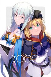  2girls artoria_caster_(fate) artoria_caster_(second_ascension)_(fate) artoria_pendragon_(fate) belt beret black_bow black_dress blonde_hair blue_cape blue_eyes blue_headwear blush bow braid breasts buttons cape choker cleavage collarbone crossed_arms dress echo_(circa) fate/grand_order fate_(series) gold_trim green_eyes grey_hair hairbow half_up_braid hat hood hooded_cape large_breasts long_hair long_sleeves morgan_le_fay_(fate) multicolored_cape multicolored_clothes multiple_girls pelvic_curtain ponytail red_cape sidelocks small_breasts twintails two-tone_dress very_long_hair white_dress wide_sleeves 